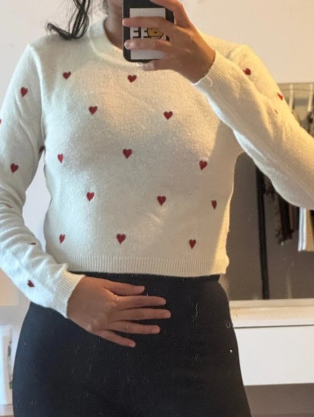 H&M Cream Crewneck Sweater with Red Heart Motif